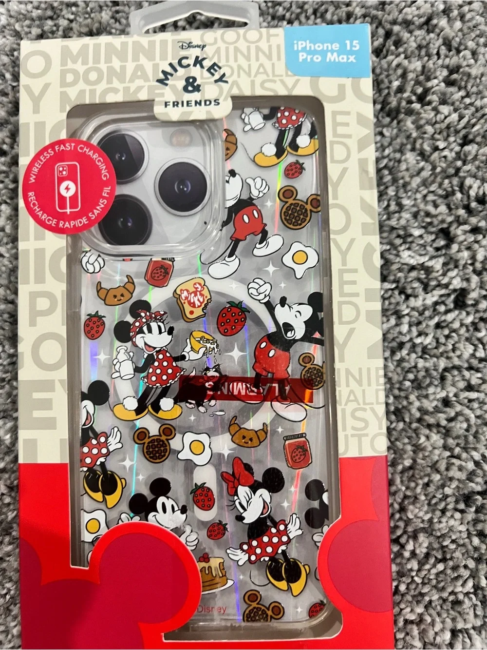 Clear Mickey Minnie Disney Snacks iPhone 15 Pro Max Case with Red Accents